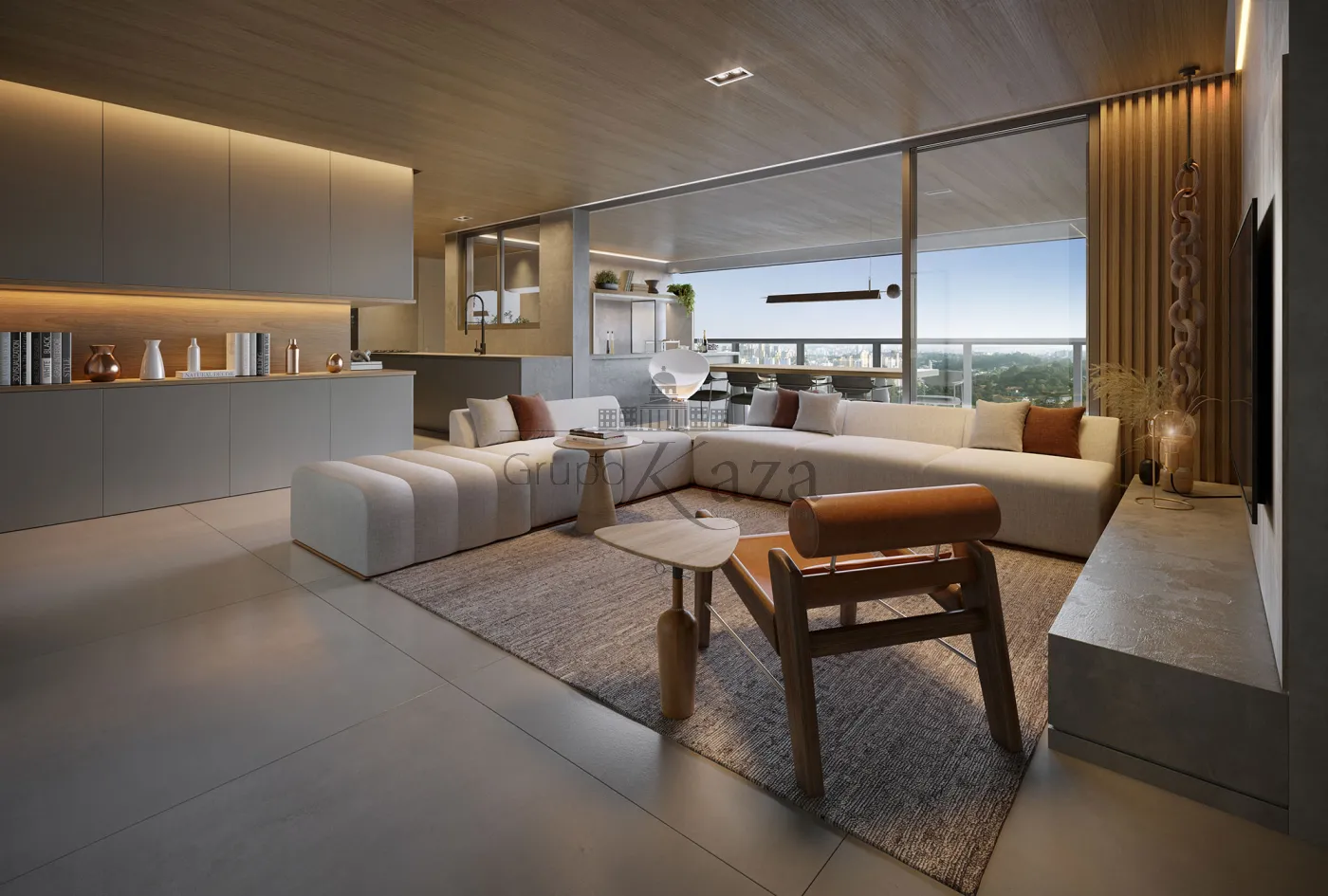 Perspectiva do living decorado de 166m2